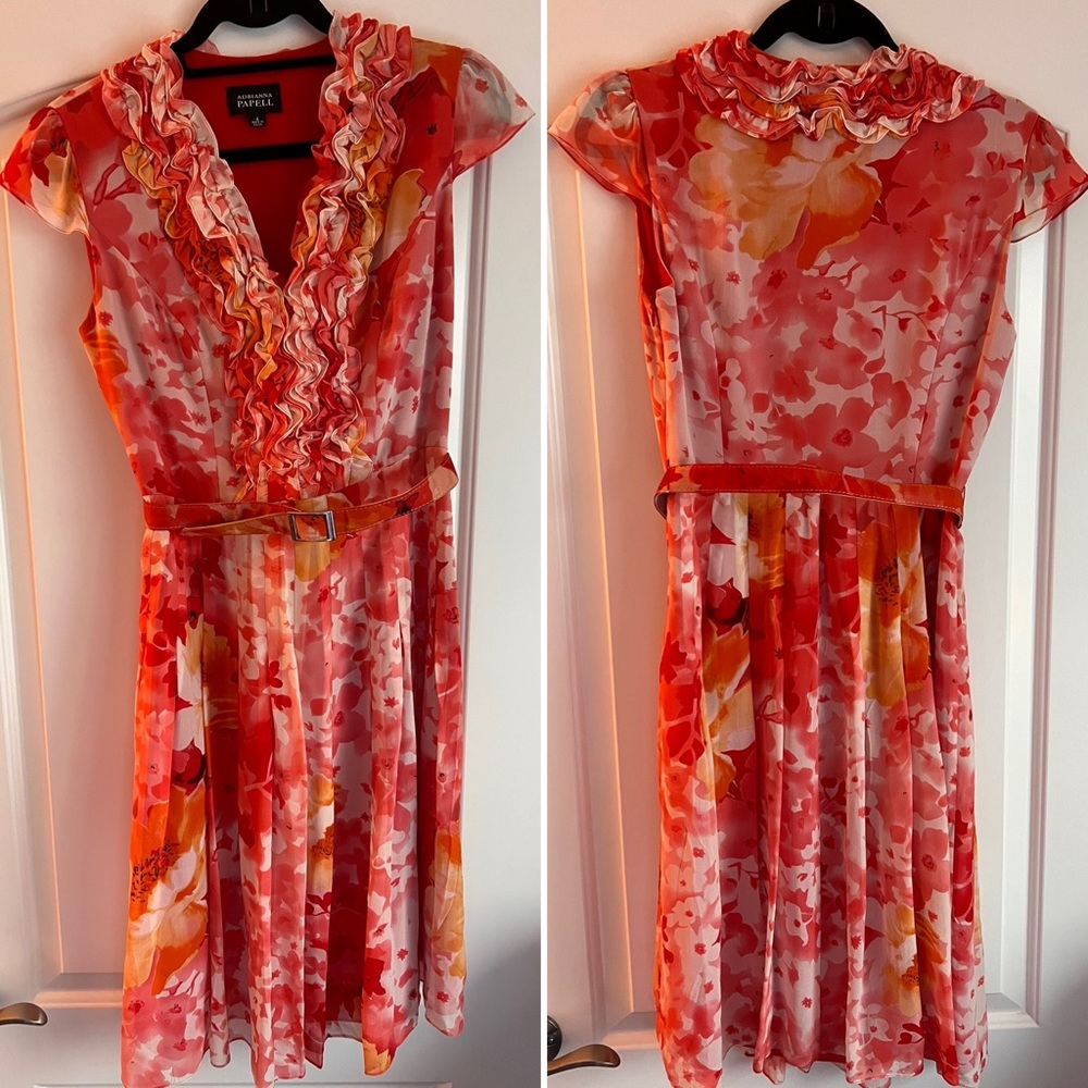 Adrianna Papell Orange/Pink Floral Dress with belt, size 4 - Picture 6 of 13